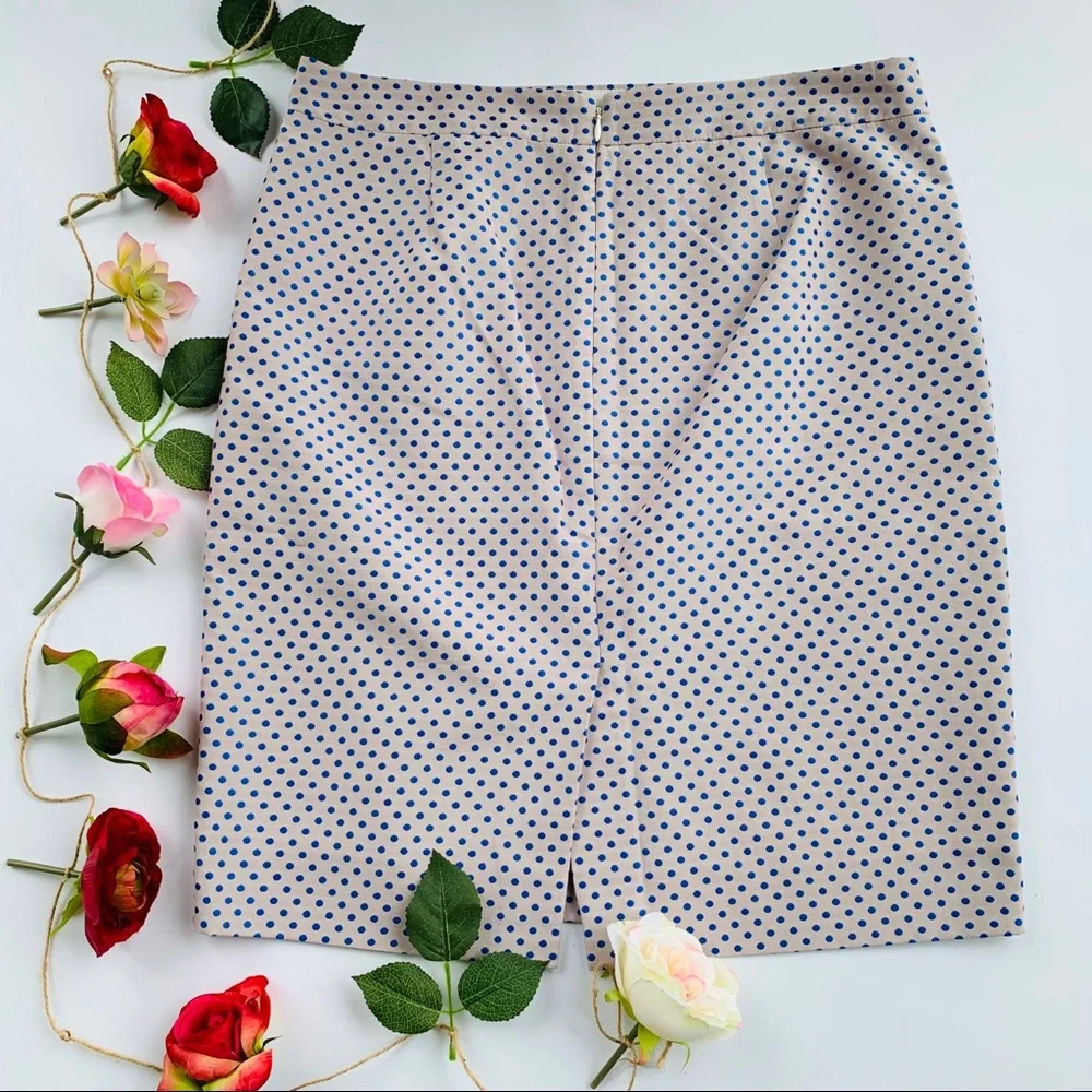 J. Crew Beige Pencil Skirt with Blue Polka Dots